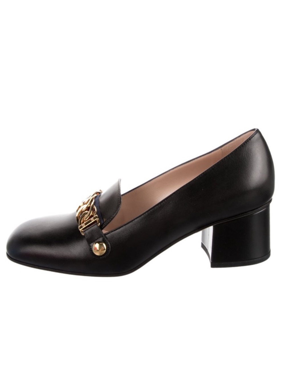 Gucci Black Leather Pumps with Gold Chain Detail